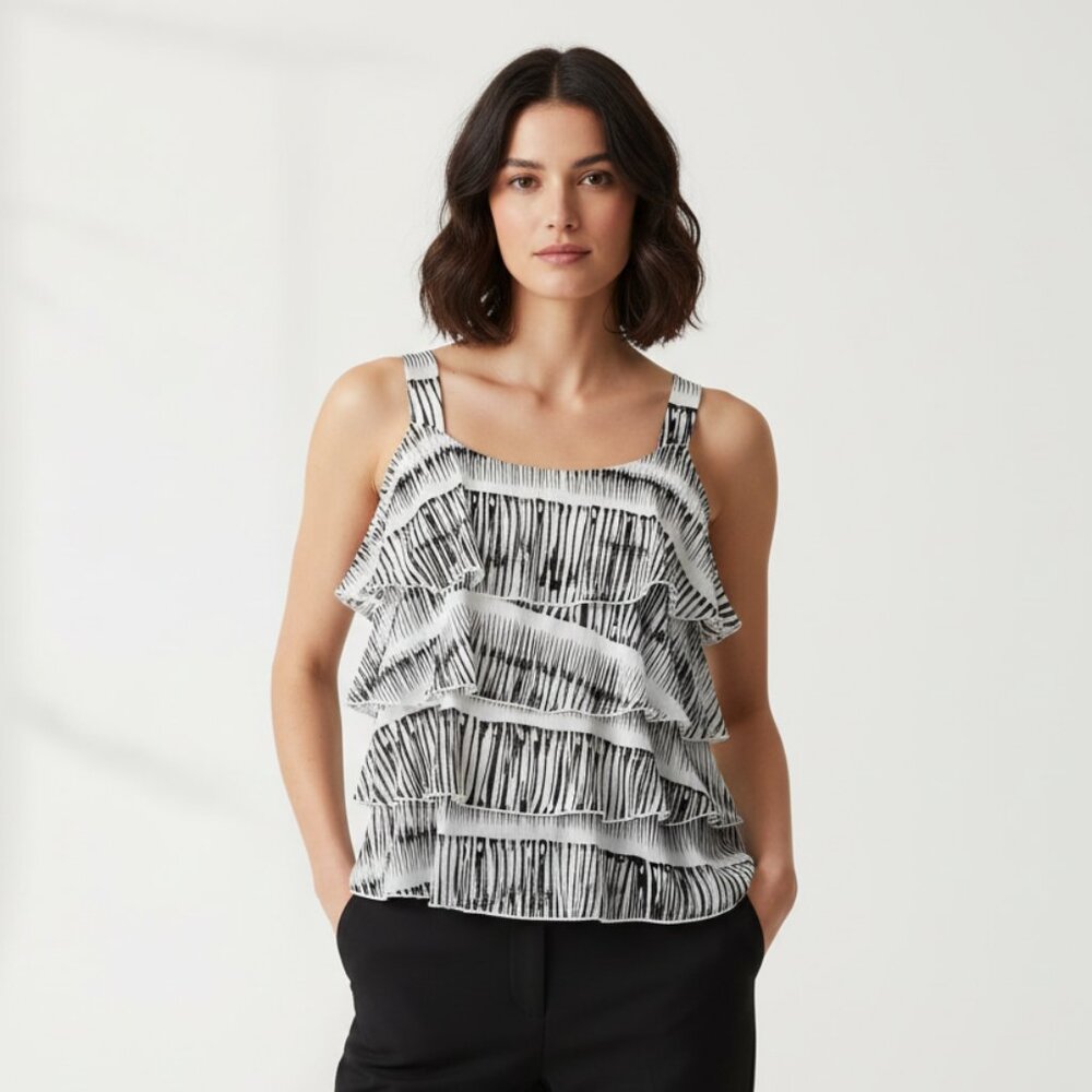 Ninety L Top Sleeveless Women's Black White Ruffle Boho Chic Y2K Eclectic Edgy